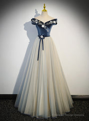 Blue Velvet Off the Shoulder Beading Prom Dress