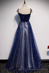 Blue Velvet Tulle Long A-Line Prom Dress, Blue Spaghetti Straps Evening Dress