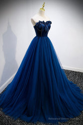 Blue Velvet Tulle Long A-Line Prom Dress, Blue Strapless Formal Evening Dress