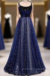 Blue Velvet Tulle Long Semi Formal Prom Dress, Beautiful A-Line Evening Party Dress