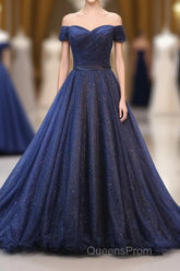 Dark Blue Shining Tulle Long Evening Prom Dress, Evening Dress