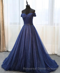 Dark Blue Shining Tulle Long Semi Formal Prom Dress, Evening Dress