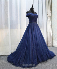 Dark Blue Shining Tulle Long Semi Formal Prom Dress, Evening Dress