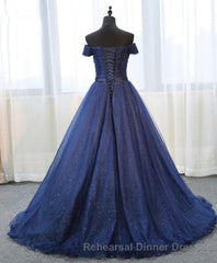 Dark Blue Shining Tulle Long Semi Formal Prom Dress, Evening Dress