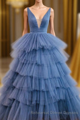 Blue V Neck Tiered Sleeveless Tulle Semi Formal Prom Dress, Gorgeous Long Party Dress