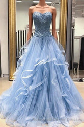 Gorgeous A Line Sweetheart Appliques Lace Semi Formal Prom Dresses with Ruffles