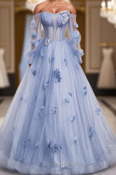 Blue Long Sleeves Tulle Semi Formal Prom Dress with Flowers, Puffy Off the Shoulder Quinceanera Dress