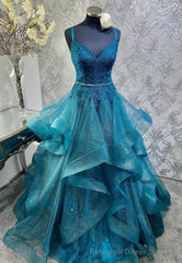 Blue Tulle Lace Long Prom Dresses, A-Line Spaghetti Straps Evening Dresses