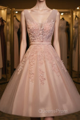 Blush Pink Lace Appliqued Tulle Homecoming Dress,Formal Dress