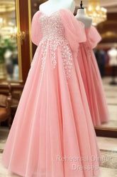 Blush Tulle A-Line Off Shoulder Appliques Dress