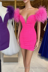 Bodycon Deep V Neck Purple Short Homecoming Dress with Feather