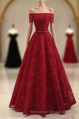 Burgundy a Line Lace Long Semi Formal Prom Dress, Burgundy Evening Dress