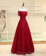 Burgundy a Line Lace Long Semi Formal Prom Dress, Burgundy Evening Dress
