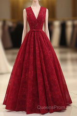 Burgundy V Neck Lace Long Evening Prom Dress, Burgundy Evening Dress