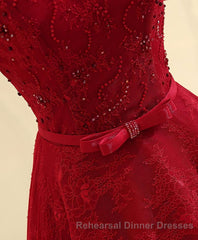 Burgundy a Line Lace Long Semi Formal Prom Dress, Burgundy Evening Dress