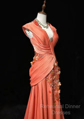 Bright Orange Mermaid V-Neck Satin Beaded Long Semi Formal Prom Dress Sequined Evening Gown