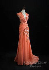 Bright Orange Mermaid V-Neck Satin Beaded Long Semi Formal Prom Dress Sequined Evening Gown