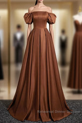Brown A-Line Satin Long Semi Formal Prom Dress, Brown Long Formal Dress