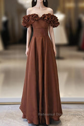 Brown Satin Off Shoulder A-Line Semi Formal Prom Dress, Brown Satin Evening Dress Formal Dress