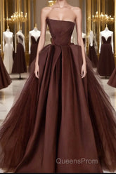 Brown Satin Tulle Long Evening Prom Gown, Brown Long Evening Dress