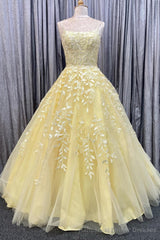 Princess Yellow Appliques A-line Long Formal Dress