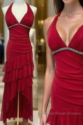 Burgundy A-Line Halter V Neck Chiffon Backless Semi Formal Prom Dress,Bridesmaid Dress With Ankle Length