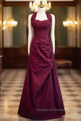 Burgundy A-Line Halter Vintage Style Semi Formal Prom Dress, Burgundy Long Evening Dress
