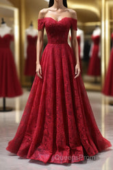 Burgundy A line lace tulle beads long Evening Prom Dress, burgundy bridesmaid Dress