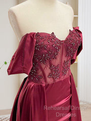 Burgundy A-Line Off Shoulder Satin Lace Long Semi Formal Prom Dress, Burgundy Long Formal Dress