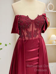 Burgundy A-Line Off Shoulder Satin Lace Long Semi Formal Prom Dress, Burgundy Long Formal Dress