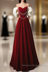 Burgundy A-Line Off Shoulder Velvet Lace Long Semi Formal Prom Dress, Burgundy Long Formal Dress