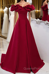 Burgundy A-Line Satin Long Evening Prom Dress, Burgundy Formal Evening Dress