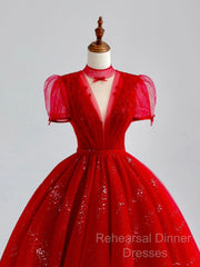 Burgundy A-Line Tulle Sequin Long Semi Formal Prom Dress, Burgundy Formal Dress