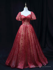 Burgundy A line Tulle Sequin Long Prom Dress Burgundy Tulle Formal Evening Dress