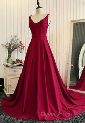 Burgundy A Line V Neck Sweep Train Open Back Satin Long Evening Prom Dress, V Neck Burgundy Formal Dress, Backless Evening Dress