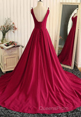 Burgundy A Line V Neck Sweep Train Open Back Satin Long Evening Prom Dress, V Neck Burgundy Formal Dress, Backless Evening Dress