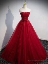 Burgundy Aline Tulle Beads Long Prom Dress, Burgundy Formal Dresses