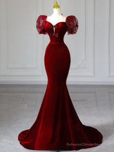 Burgundy Mermaid Velvet Puff Sleeve Bow Prom Dress