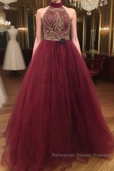 Burgundy O Neck Sequin Beads Tulle Semi Formal Prom Dress, Burgundy Evening Dress