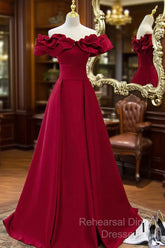 Burgundy Off Shoulder Long A Line Semi Formal Prom Dress Evening Dress