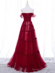 Burgundy Off Shoulder Long Prom Dress, Burgundy Formal Dress with Beading Sequin