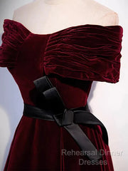 Burgundy Off The Shoulder Velvet Long Semi Formal Prom Dress