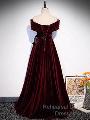 Burgundy Off The Shoulder Velvet Long Semi Formal Prom Dress