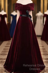 Burgundy Off The Shoulder Velvet Long Semi Formal Prom Dress