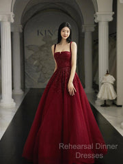 Burgundy Semi Formal Prom Dresses A Line Straps Tulle Evening Dresses