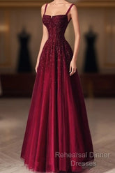 Burgundy Semi Formal Prom Dresses A Line Straps Tulle Evening Dresses