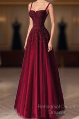 Burgundy Semi Formal Prom Dresses A Line Straps Tulle Evening Dresses