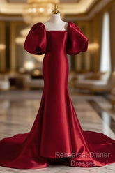 Burgundy Puff Sleeves Satin Burgundy Long Semi Formal Prom Dress, Burgundy Long Formal Dress