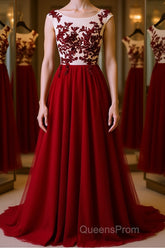 Burgundy round neck tulle lace long Evening Prom Dress, bridesmaid Dress