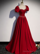Burgundy Satin Beads Long Prom Dresses, Burgundy Long Formal Dresses